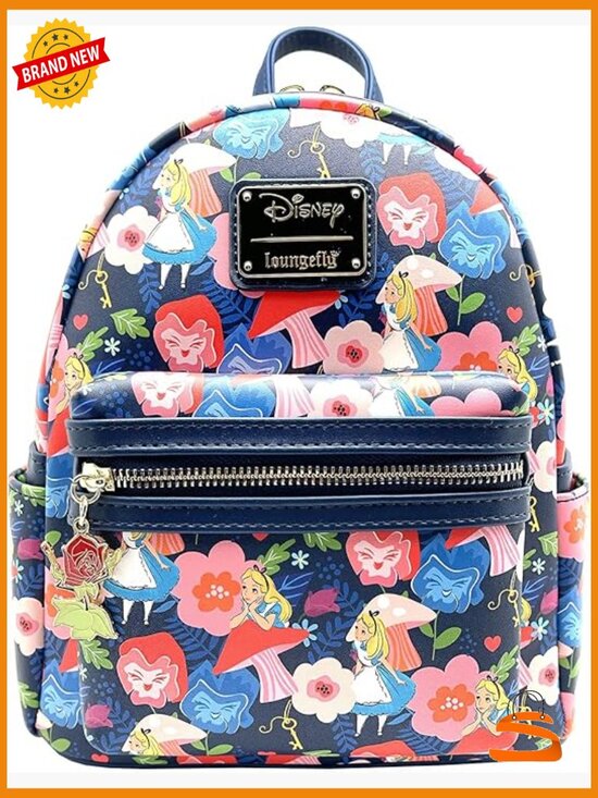 Mini Faux Leather Backpack with Alice in Wonderland Design, Front Zip Pocket, main image 6